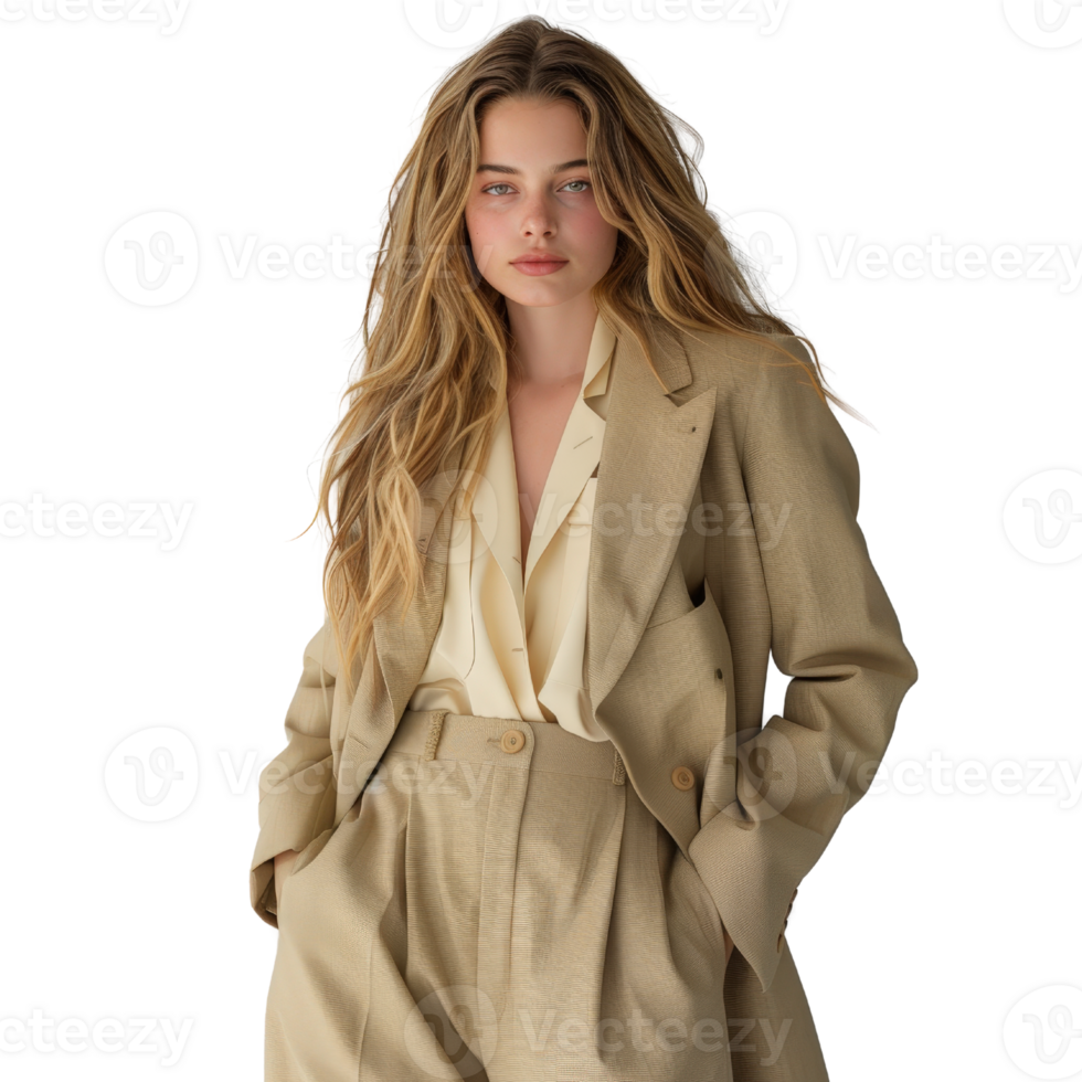 Elegant woman wearing tailored beige suit with soft waves, showcasing modern fashion and sophisticated style in studio setting png