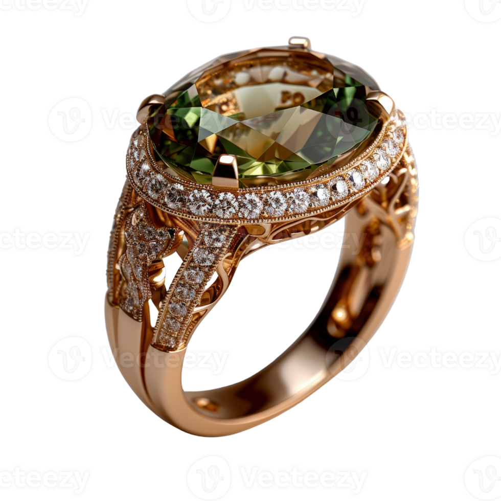 Elegant Oval Green Gemstone Ring with Intricate Gold Band and Sparkling Diamond Details png