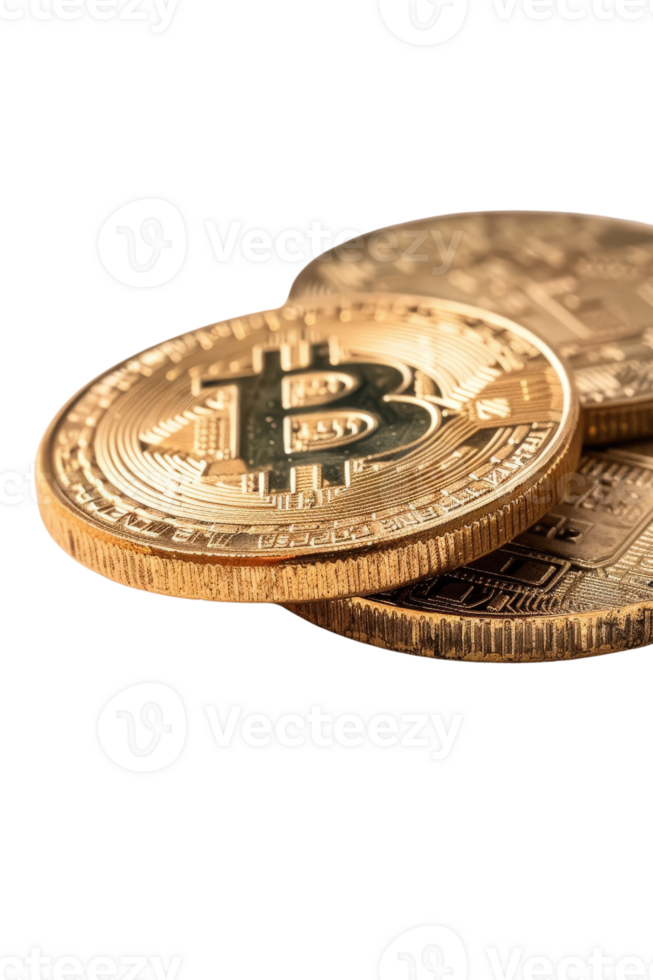 Gold Bitcoin Coins on a Reflective Surface Showcasing the Cryptocurrency Revolution and Digital Economy Transformation png