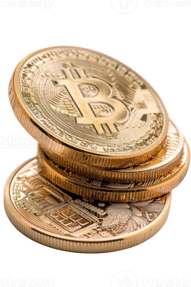 Stacked Gold Coins Representing Digital Currency and Global Finance Concept with Bitcoin Symbol on a White Background png