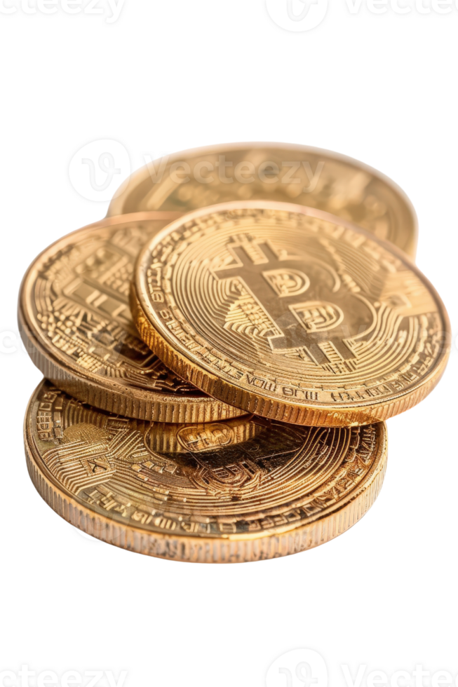 Stacked golden Bitcoin coins on a white background showcasing digital currency investment and financial technology concepts png