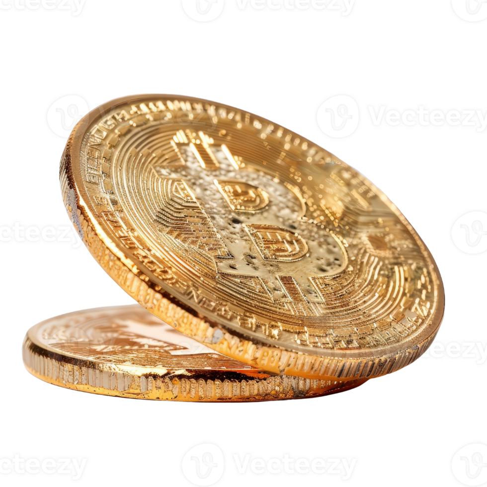 Realistic 3D Render of Golden Bitcoin Coins Stacked with Reflection on White Background for Digital Currency Concepts png