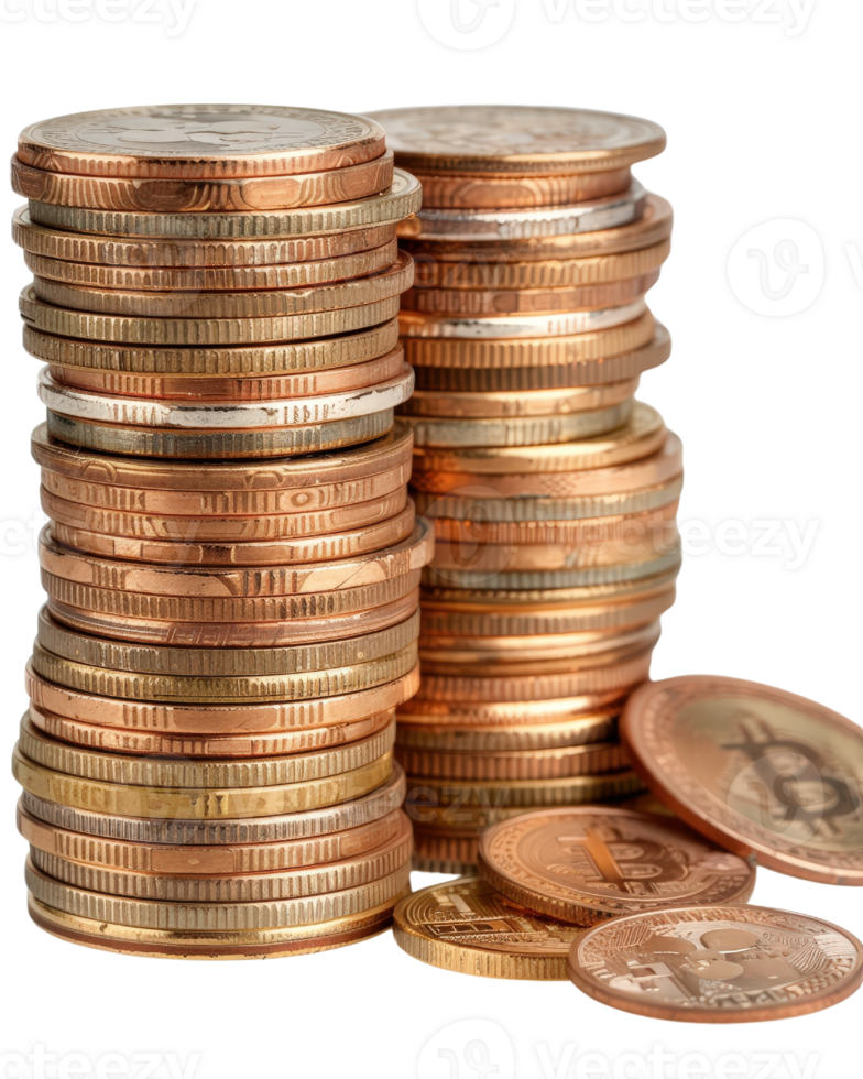 Stacks of Coins with Bitcoin Tokens on White Background Symbolizing Cryptocurrency and Financial Transactions png