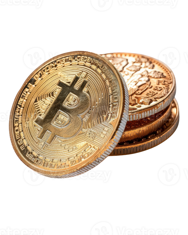 Close-up of Bitcoin coins stacked with a focus on the intricate details and shiny surface showcasing cryptocurrency value png