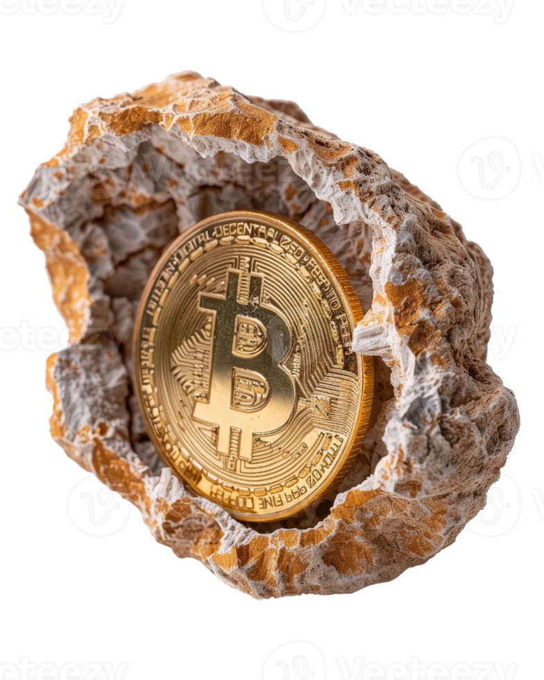 Bitcoin Coin Emerging from Rock Formation Representing Cryptocurrency Innovation and Economic Growth in Digital Era png