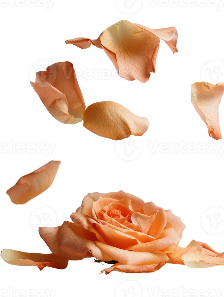Soft Peach Rose with Falling Petals on Black Background for Elegant Floral Designs and Romantic Themes png