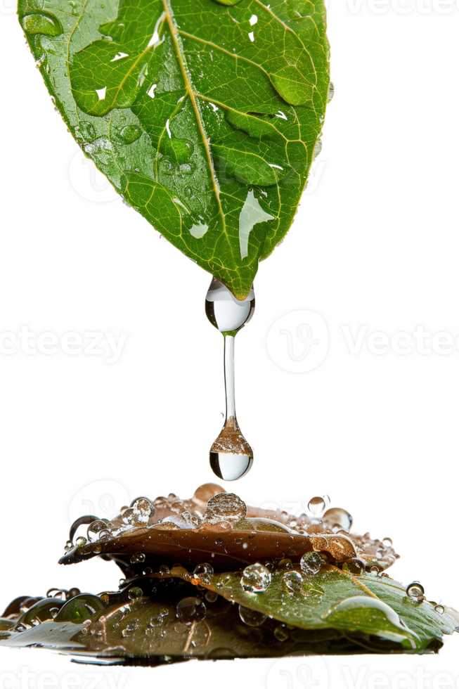 Fresh Water Droplet Hanging from Green Leaf Above Smooth Pebbles with Glimmering Bubbles in Tranquil Setting png