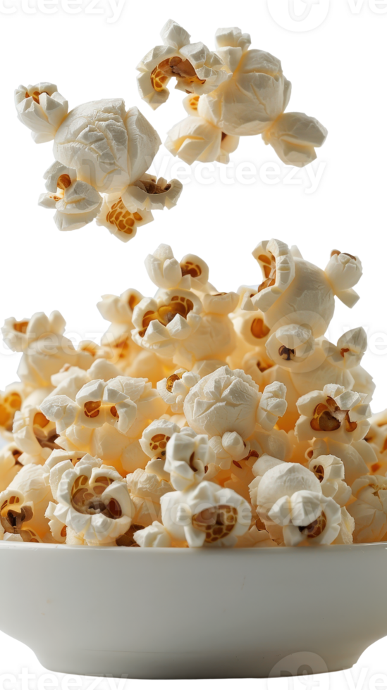 Freshly Popped Gourmet Popcorn in a Bowl with Airborne Kernels Capturing a Delicious Snack Moment png