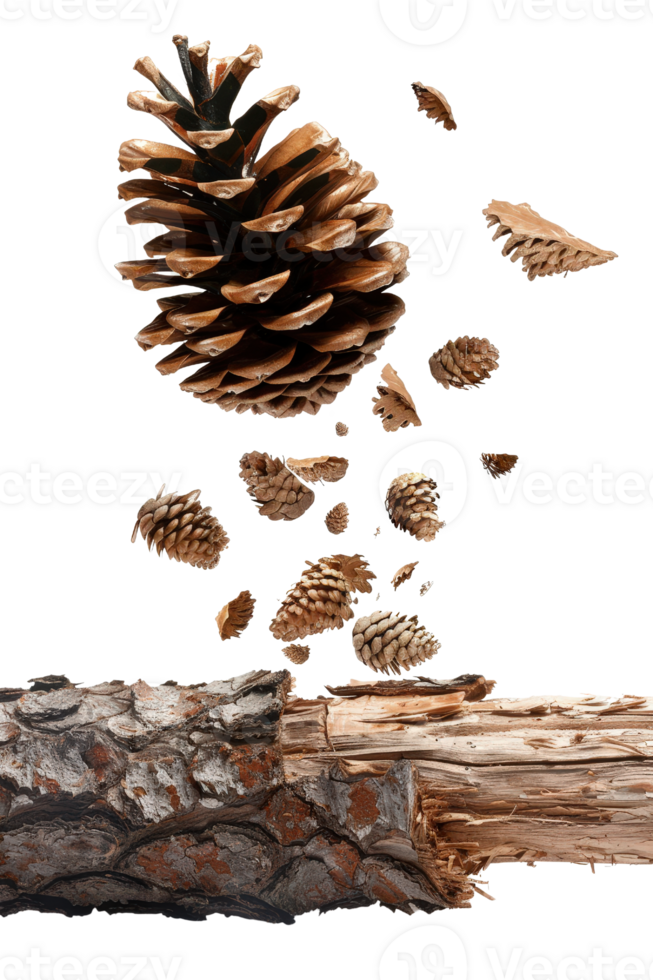 Pine Cone Suspension with Wood Bark Base in a Creative Falling Arrangement Against a Dark Background png