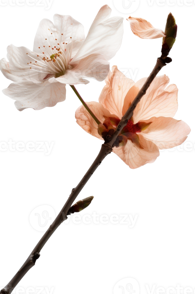 Pink and White Blossoms on Delicate Branch in Soft Focus against a Light Background Capturing Springtime Beauty png