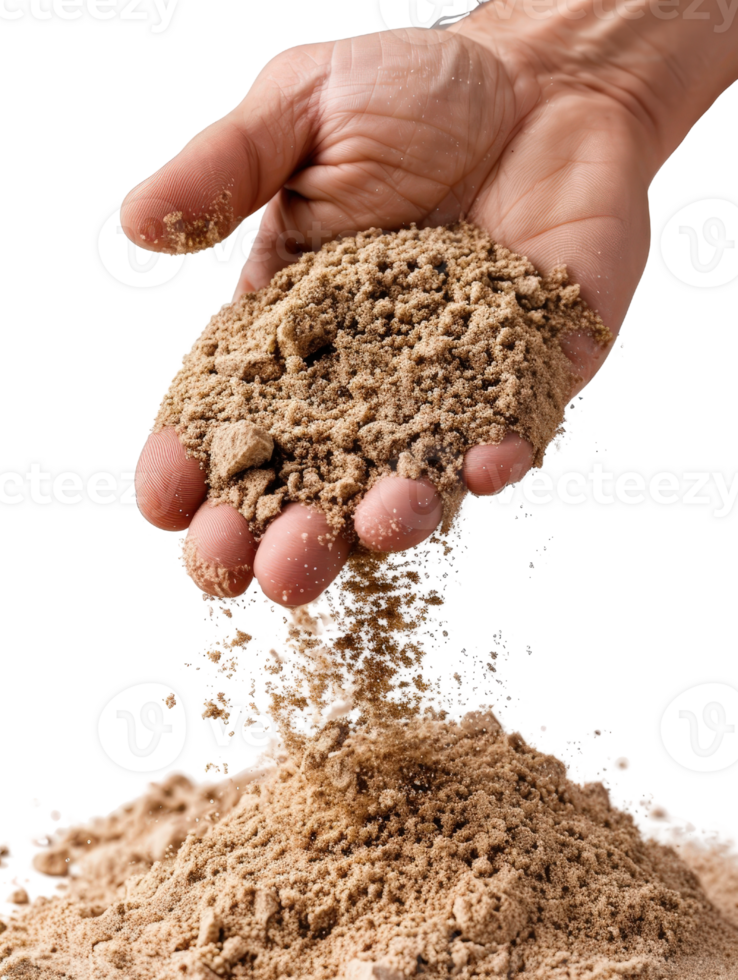 Hand Holding Fine Sand Above Pile of Sand Symbolizing Construction, Nature, and Earth Elements in Abstract Setting png