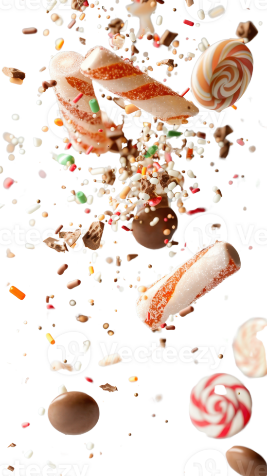 Colorful Candy Dropping Delight with Lollipops, Chocolate, and Sprinkles Against a Black Background for Holiday Vibes png