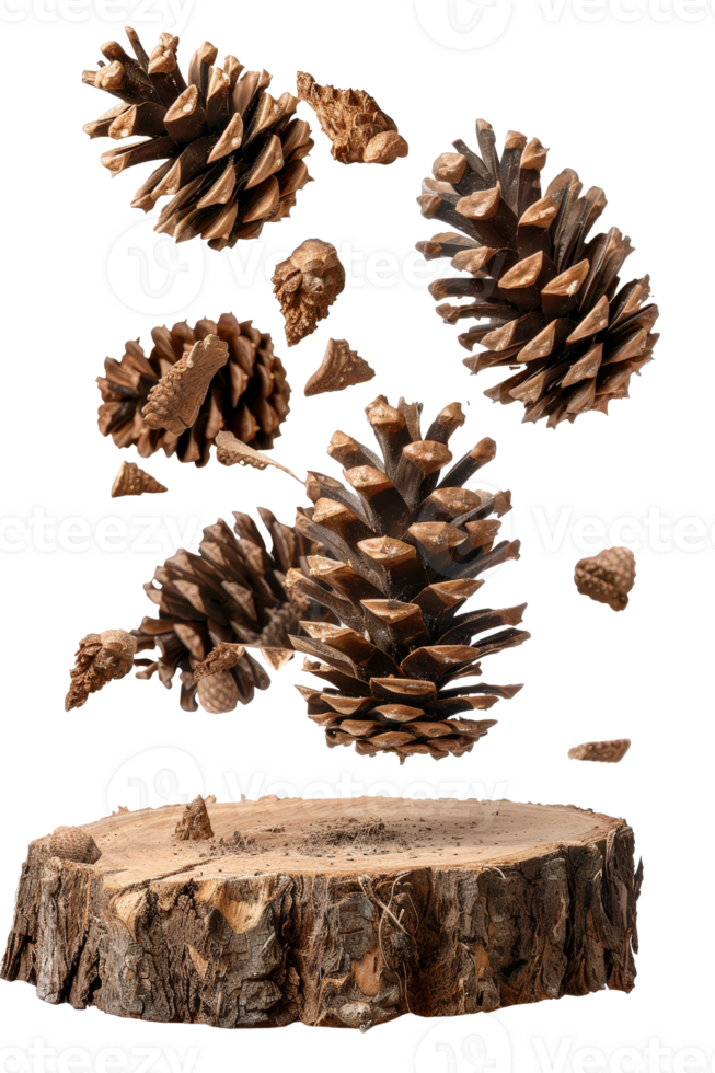 Floating Pine Cones Above Wooden Log Surface with Natural Organic Elements in a Captivating Composition png