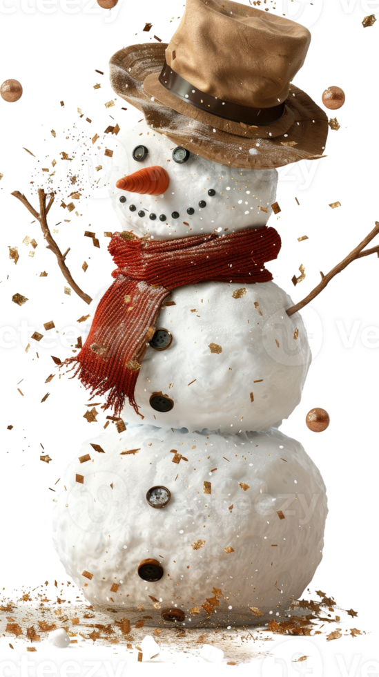 Charming Snowman with Hat and Scarf Surrounded by Snowflakes and Festive Decorations in Winter Wonderland Scene png