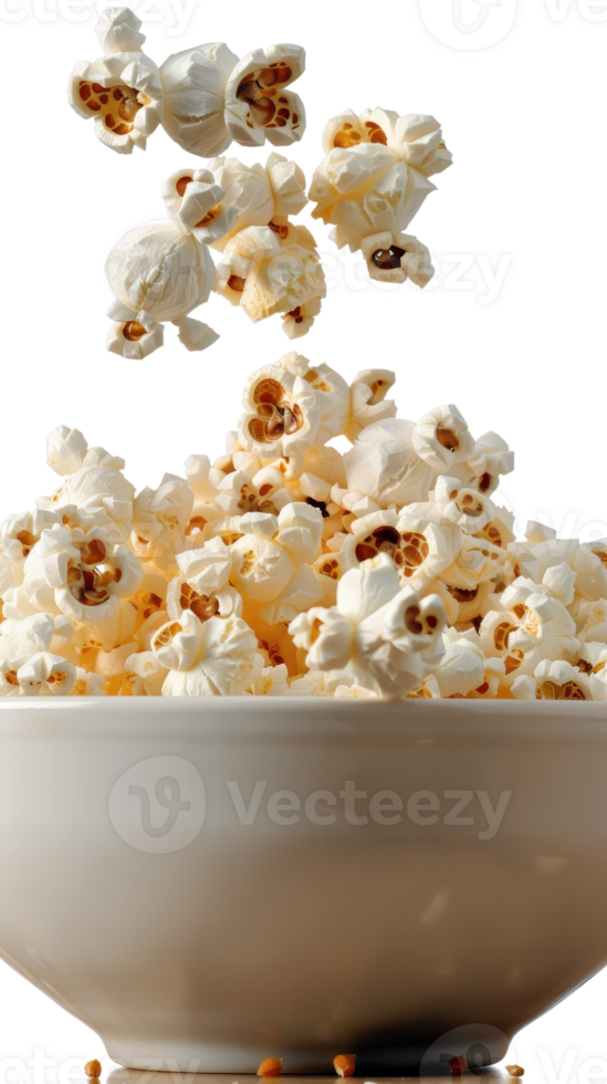Freshly Popped Popcorn Flying Over a White Bowl Creating an Inviting Snack Scene for Movie Nights and Gatherings png