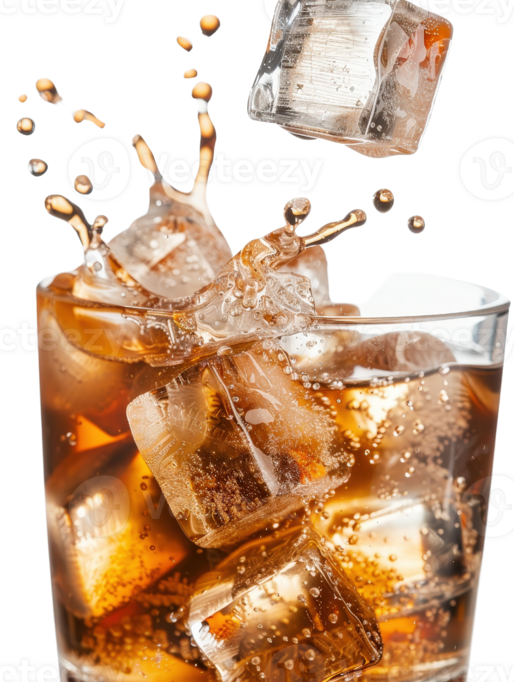 Refreshing Glass of Cola with Ice Cubes Splashing and Bubbles Rising, Isolated on White Background png
