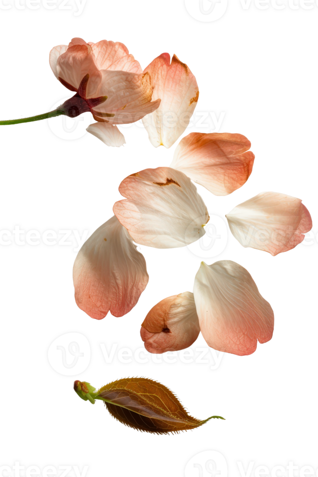 Delicate Cherry Blossom Petals in Soft Colors Falling Gracefully on a White Background png