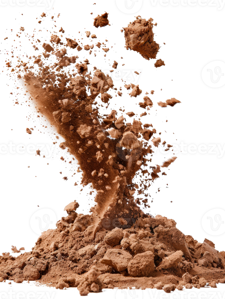 Dynamic Eruption of Brown Powder Creating a Cloud of Dust and Particles Against a Dark Background png