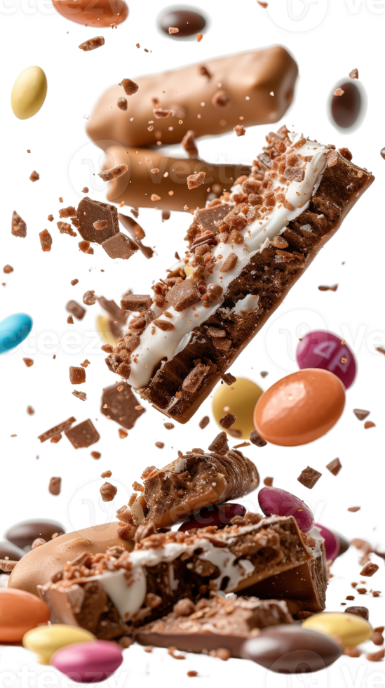 Delicious Chocolate Bars and Colorful Candy Falling Mid-Air with Crushed Chocolate and Nuts Falling All Around png