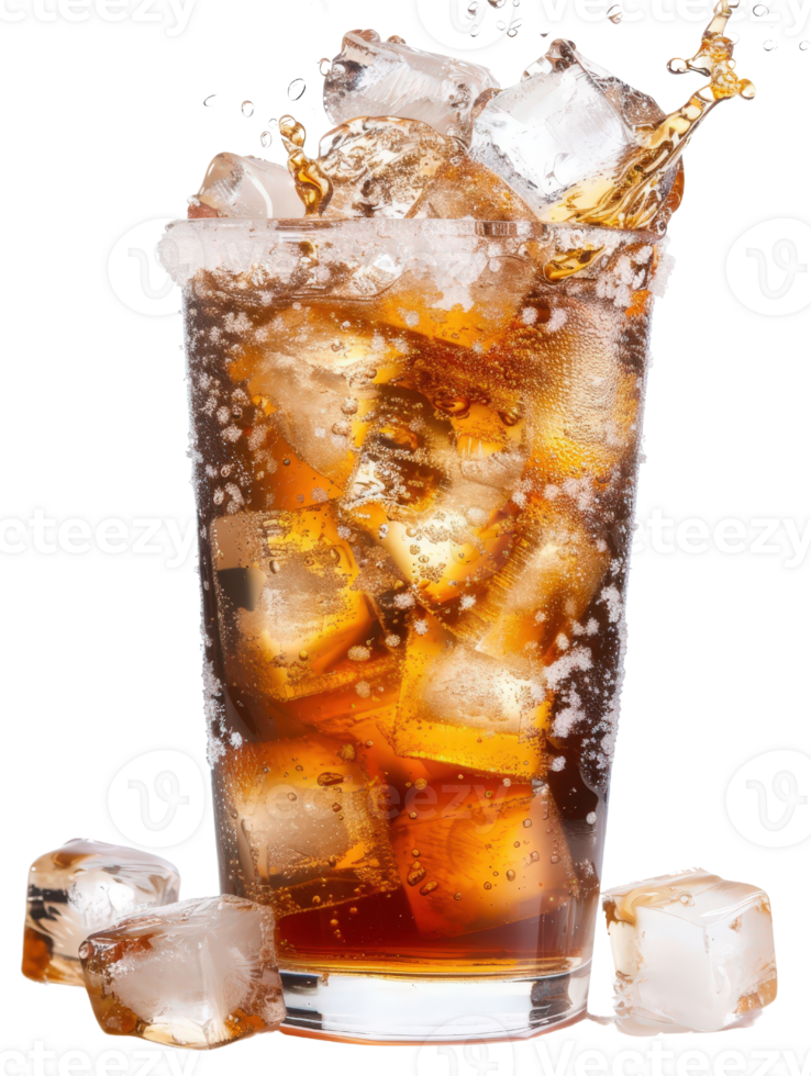 Refreshing Carbonated Beverage with Ice Cubes Splashing in a Tall Glass Against a White Background png