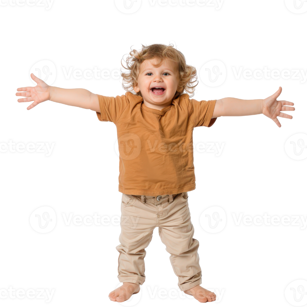 Happy young child with curly hair in a playful pose, smiling broadly and showing excitement against a white background png