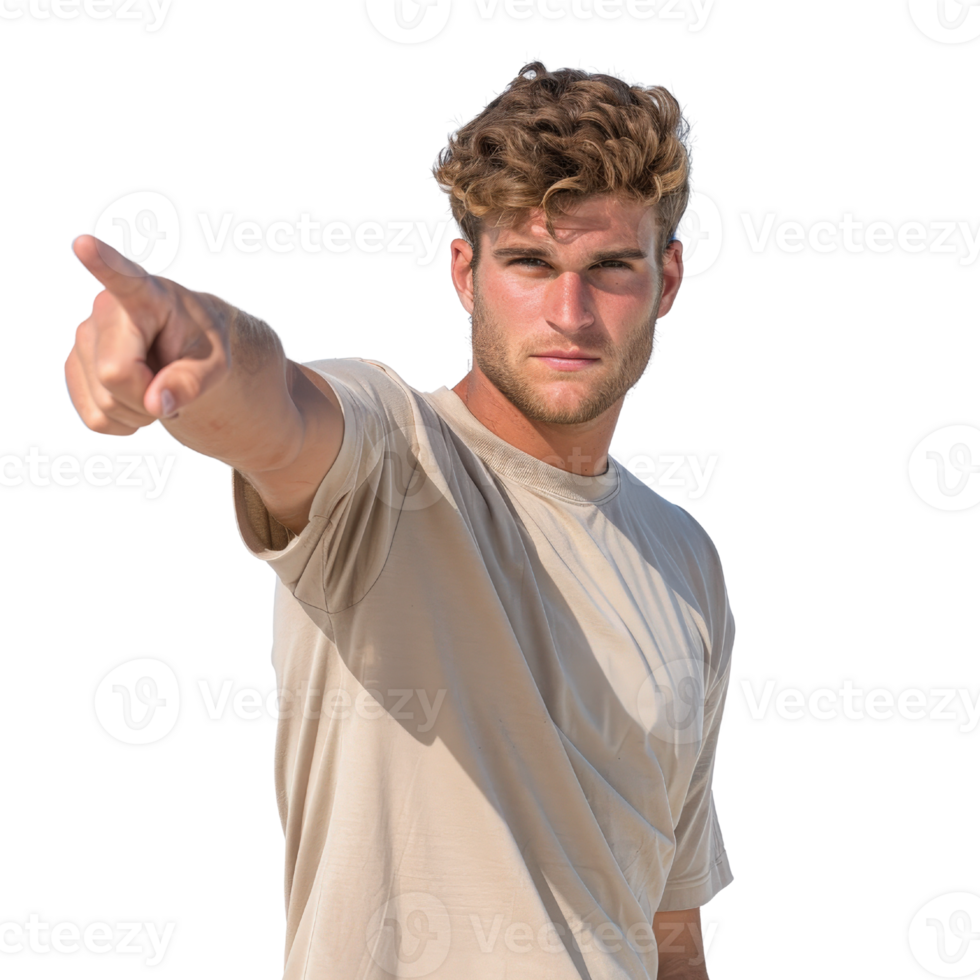 Young man pointing outdoors, wearing casual clothes, displaying confidence and determination with clear blue sky background png