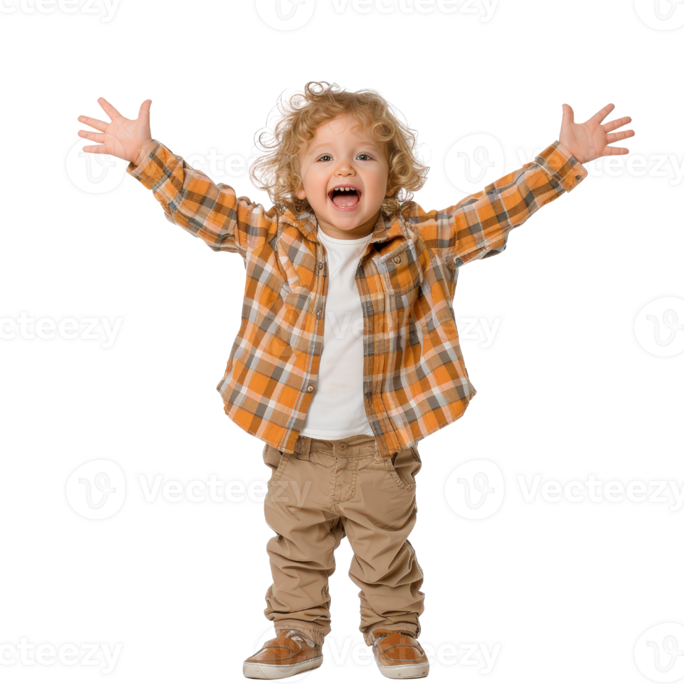 Happy child with curly hair enjoying outdoor playtime in colorful plaid shirt and beige pants with joyful expression png