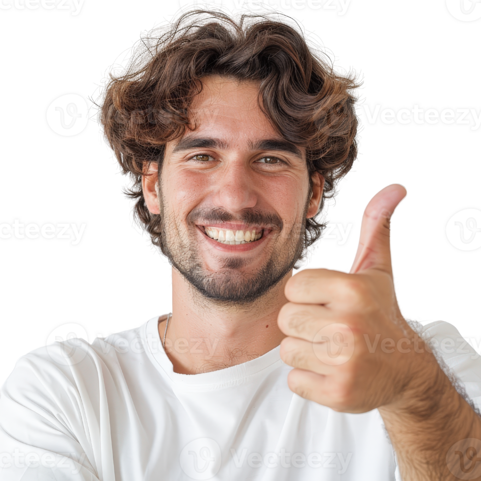 Young man with curly hair giving a thumbs up gesture and smiling broadly, celebrating positive emotions and joy png