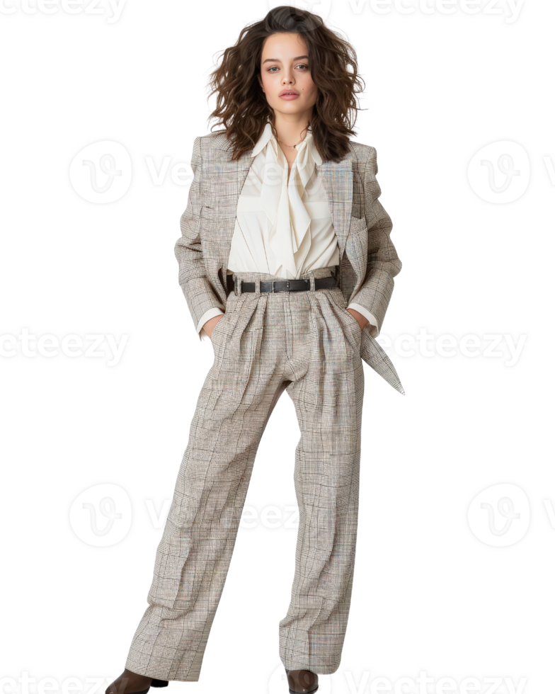 Stylish Businesswoman in Elegant Plaid Suit with Soft Blouse Stands Confidently Against Simple Background png