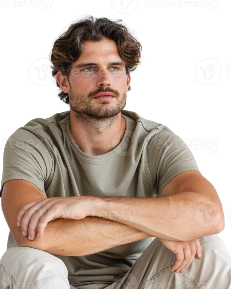 Thoughtful young man with a relaxed posture and contemplative expression in a casual t-shirt and light pants, isolated background png