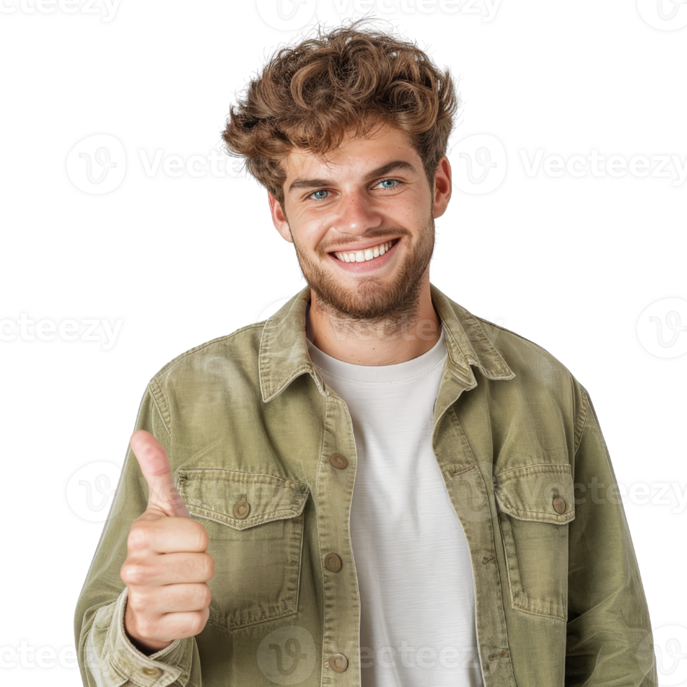 Young man with curly hair giving thumbs up gesture in casual outfit against white background, smiling cheerfully png