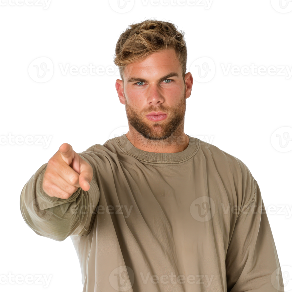 Confident Young Man Pointing Directly at the Camera with Determined Expression in Casual Clothing png