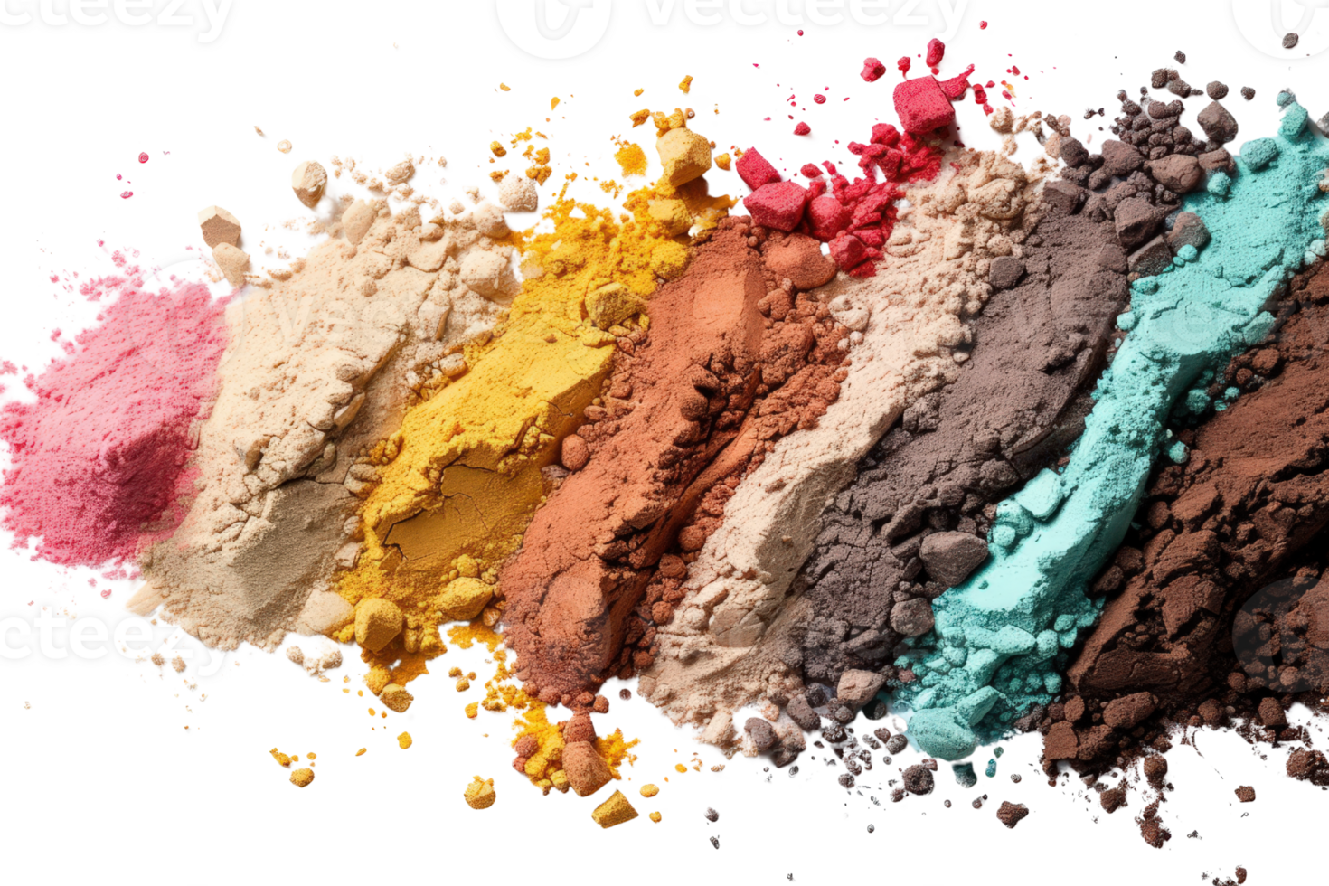 Multi-colored powders arranged in vibrant stripes against a white background showcasing natural and colorful pigments png
