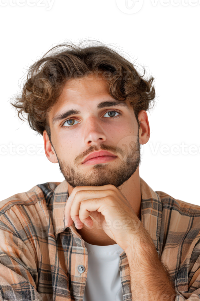 Pensive young man with curly hair resting chin on hand, wearing plaid shirt and white t-shirt, thoughtful expression indoors png