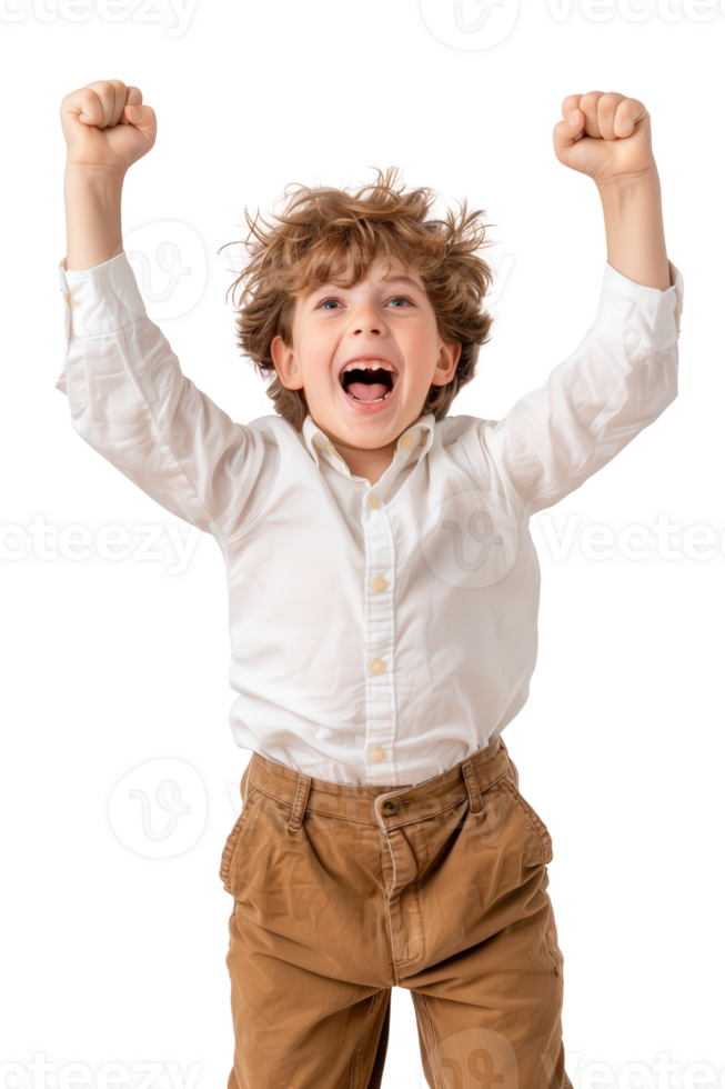 Joyful boy expressing excitement with raised fists and a bright smile, wearing a white shirt and beige pants png