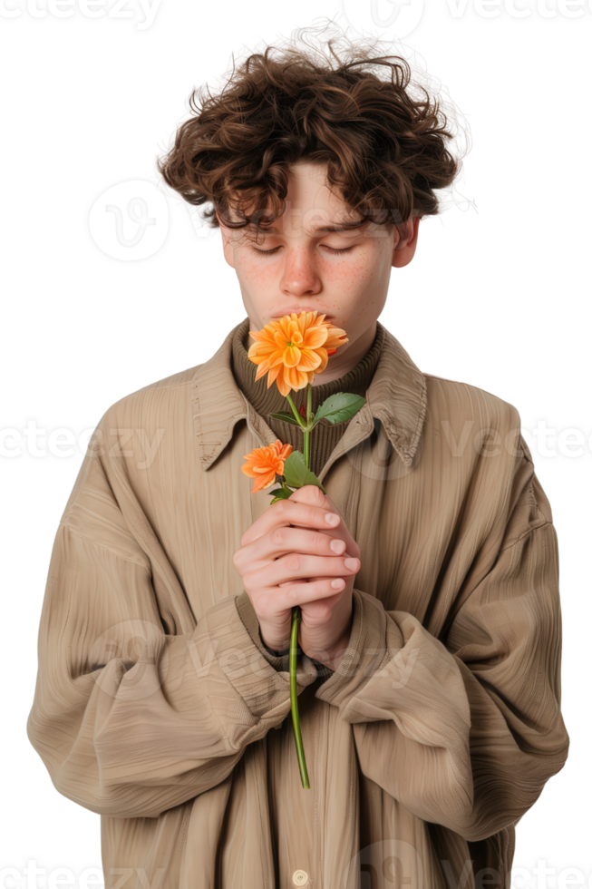 Young person with curly hair holding orange flower close to face while wearing oversized shirt in soft tones png