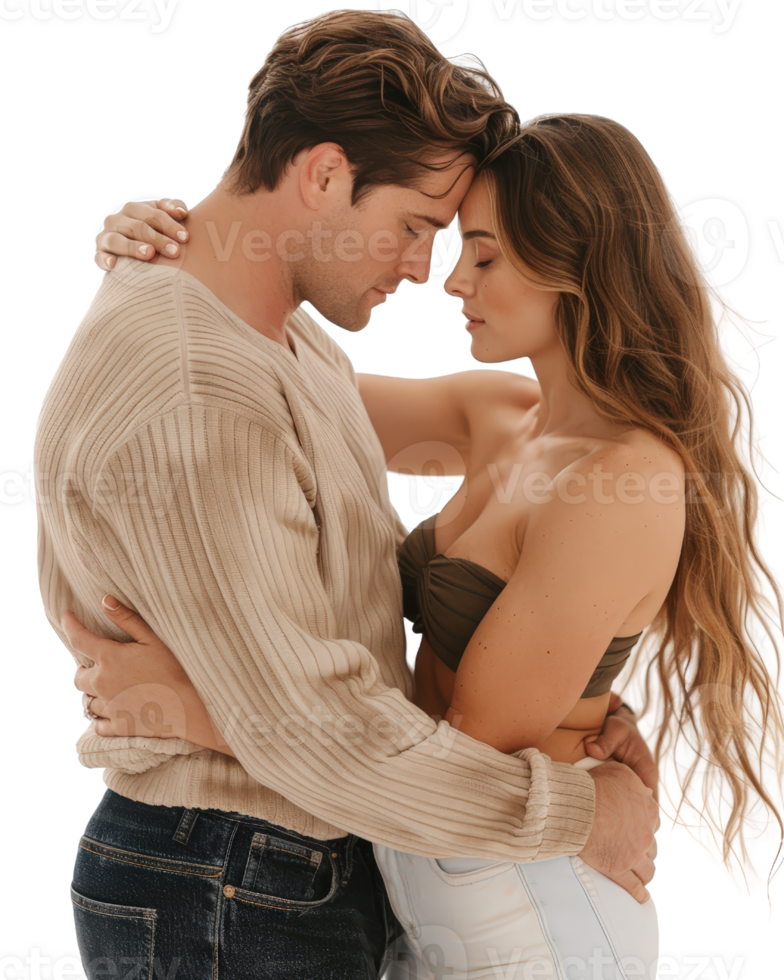 Intimate Moment Between Couple in Embrace with Warm Expressions and Tender Connection in Studio Setting png