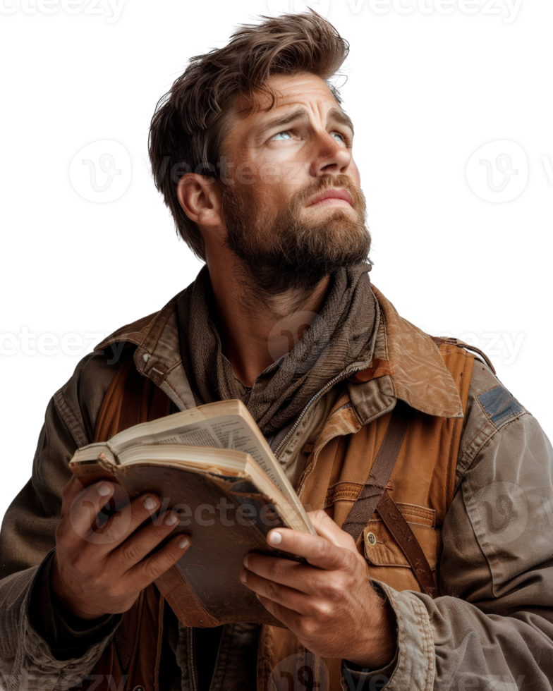 Thoughtful man with beard holding a book looking up in a contemplative pose against a neutral background png