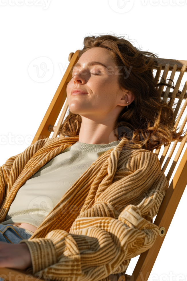 Woman Relaxing in Sunlight on a Deck Chair, Enjoying Peaceful Moment with Eyes Closed and Comforting Atmosphere png