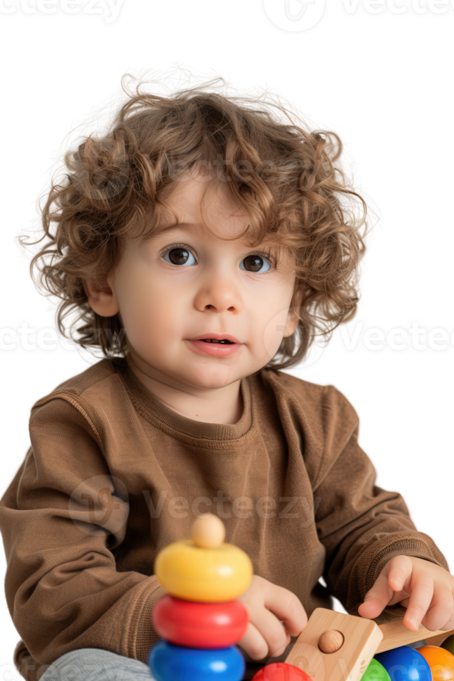 Cute child with curly hair playing with colorful toy blocks while sitting on a soft surface in a bright and cheerful environment png