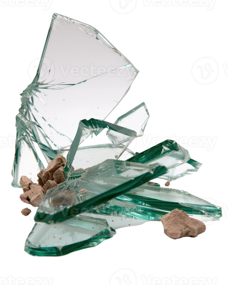 Broken glass pieces scattered on the ground with debris, sharp shards creating a risky environment, detailed close-up view png