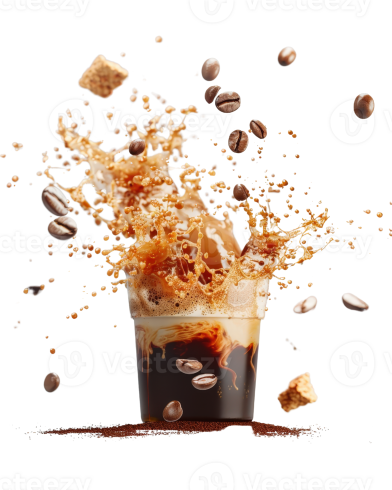 Dynamic Splash of Iced Coffee with Roasted Coffee Beans and Ice Cubes Creating a Refreshing Beverage Scene png