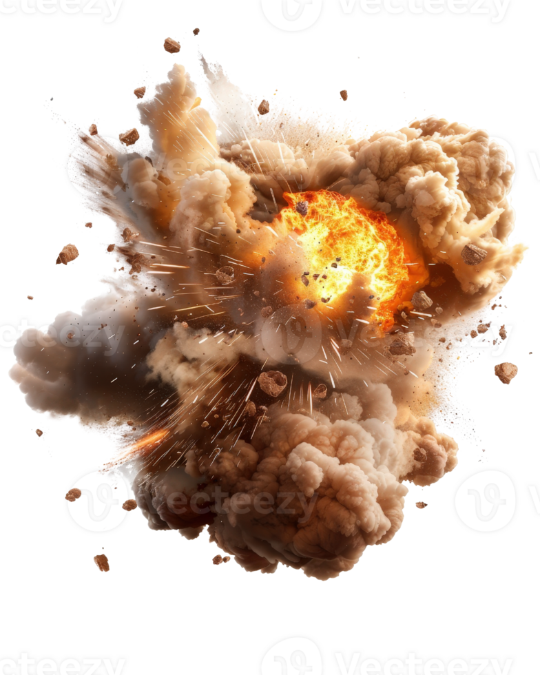 Realistic explosion with fiery burst and smoke clouds demonstrating energy and power in a dramatic, dynamic scene png