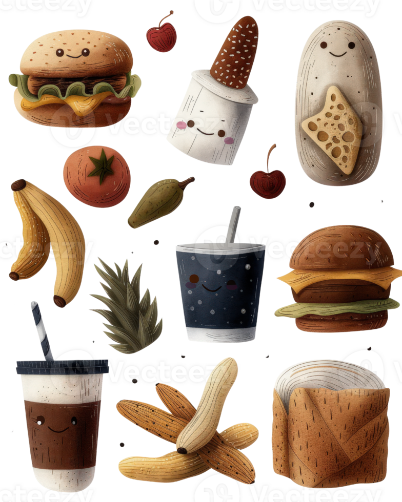 Cute Cartoon Food Collection with Happy Characters Featuring Burgers, Fruit, Ice Cream, and Drinks on a Dark Background png