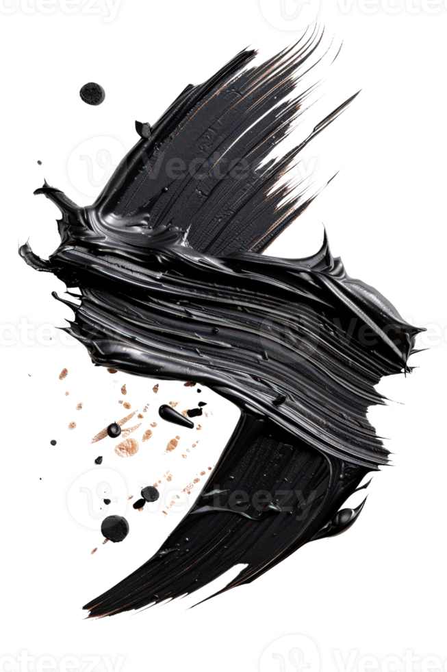 Abstract black paint stroke with splatters and texture for artistic and creative visual projects, isolated on white background png