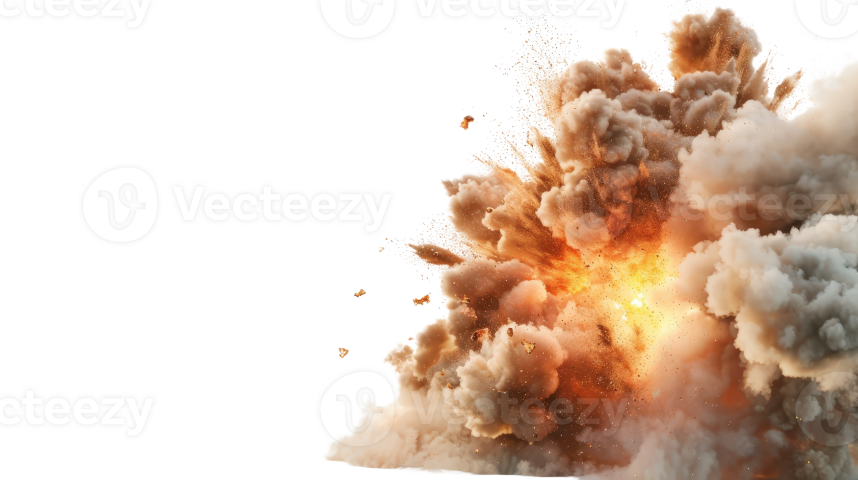 Dramatic Explosion with Fiery Flames and Billowing Smoke in a Clear Blue Sky Background png