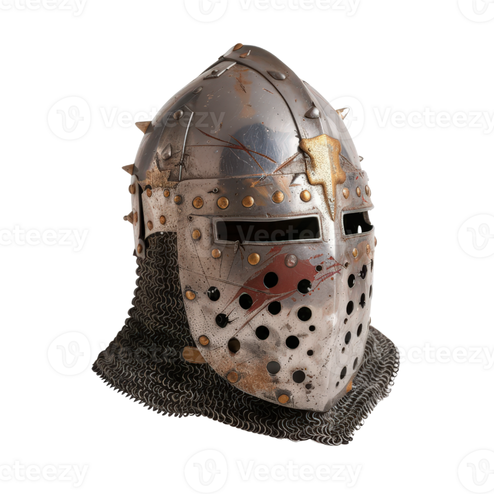 Medieval Knight Helmet with Chainmail, Displaying Historic Armor Design and Intricate Details, Isolated on White Background png