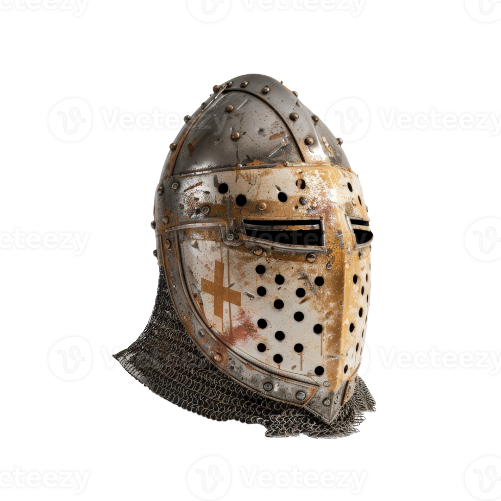 Vintage Knight Helmet with Chainmail and Rusty Finish, Isolated on White Background for Historical Themes and Designs png