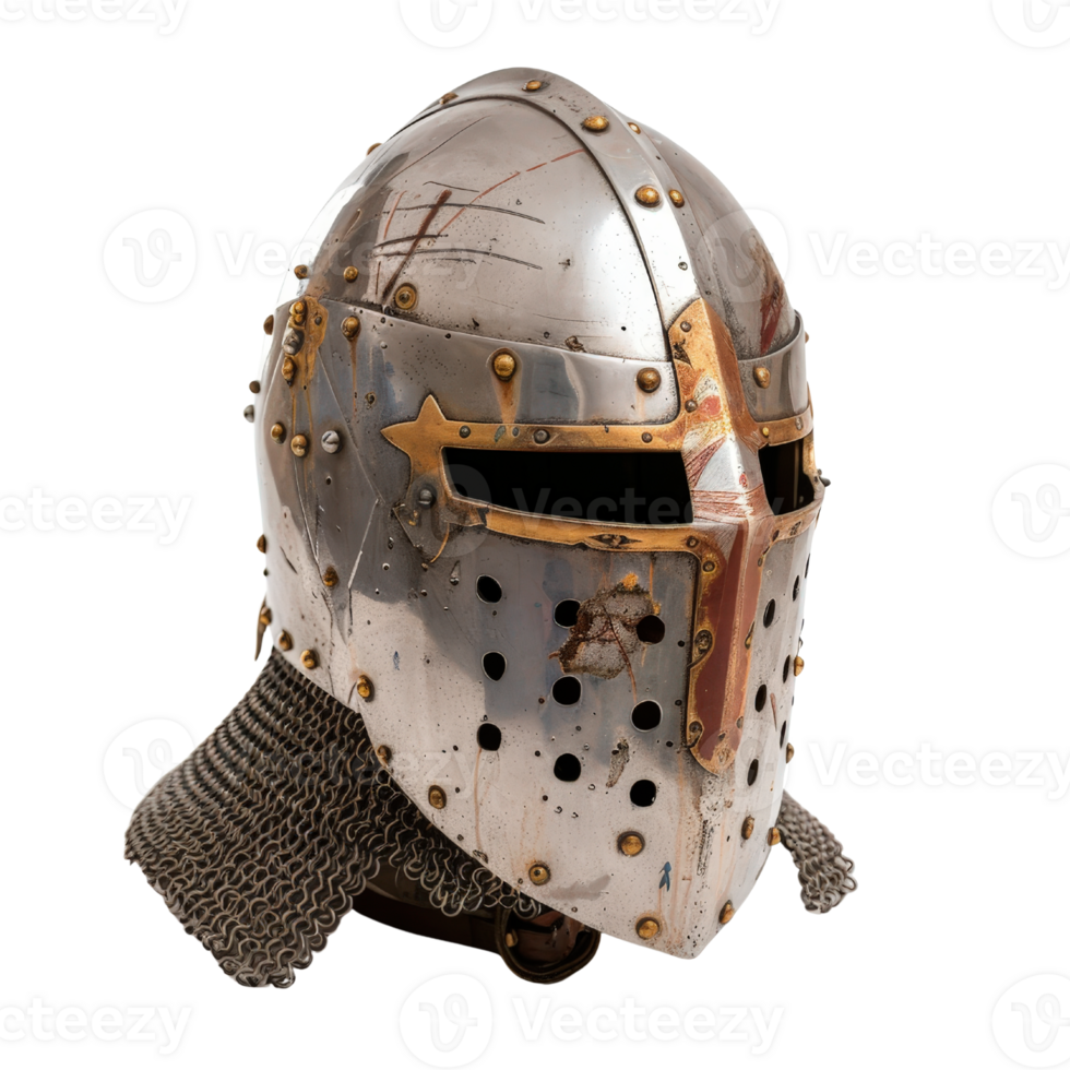Vintage Medieval Crusader Helmet with Metal Texture and Chainmail Detail on White Background png