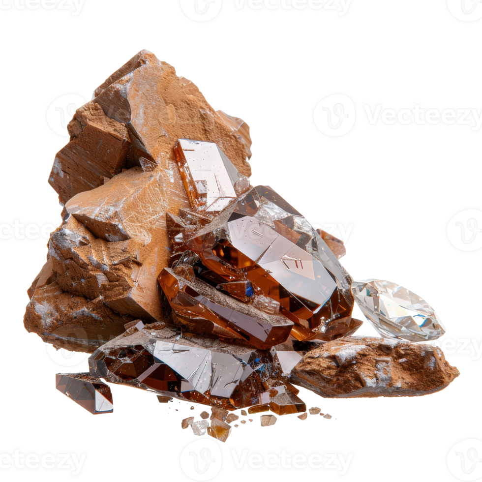 Brown and Clear Crystals on Brown Rock Background with Various Shapes and Textures for Geology and Jewelry Design png